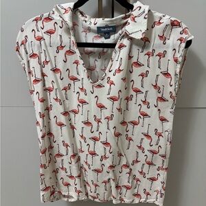 ModCloth Flamingo Print Blouse - White and pink collared retro shirt sleeveless